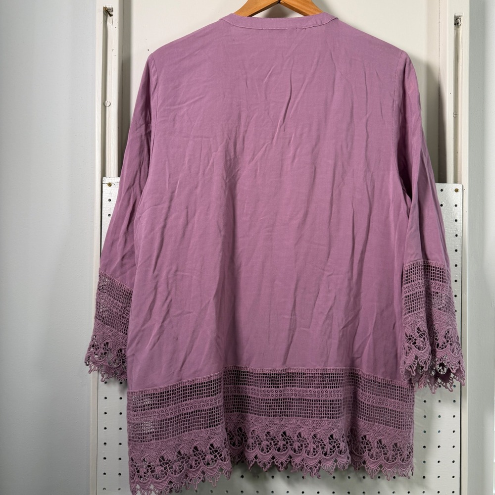 Coldwater Creek Purple Pintuck Crochet Lace Trim Rayon Button Front Tunic Top M - Picture 5 of 11